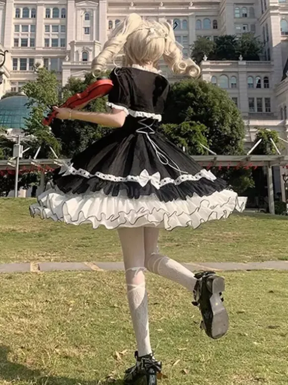 Robe Lolita JSK de retour à l'école et ensemble de pièces de remorquage à smocks à volants multicouches avec n艙ud papillon Robe Lolita JSK de princesse douce