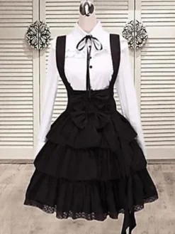 Robe Lolita Noir séduisante à bretelles en coton avec noeud Déguisements Halloween