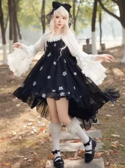 Robe Lolita noire en polyester sans manches à volants JSK