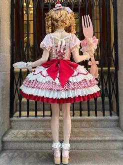 Robe Lolita rose à manches courtes n艙ud en dentelle polyester mode kawaii