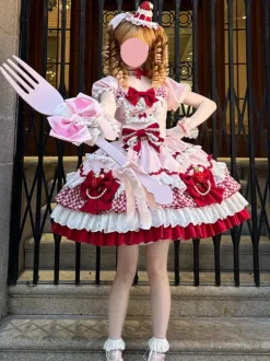 Robe Lolita rose à manches courtes n艙ud en dentelle polyester mode kawaii