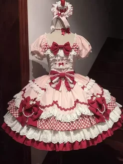 Robe Lolita rose à manches courtes n艙ud en dentelle polyester mode kawaii