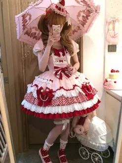 Robe Lolita rose à manches courtes n艙ud en dentelle polyester mode kawaii