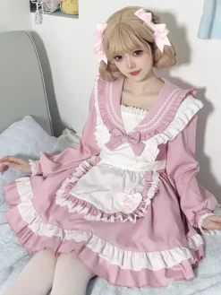 Robe Lolita rose en polyester à manches longues et n艙uds