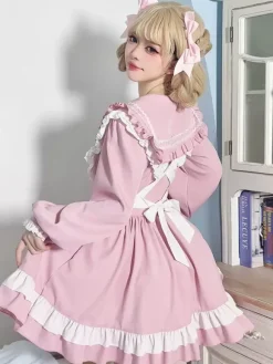Robe Lolita rose en polyester à manches longues et n艙uds