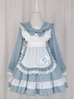 Robe Lolita rose en polyester à manches longues et n艙uds