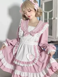 Robe Lolita rose en polyester à manches longues et n艙uds