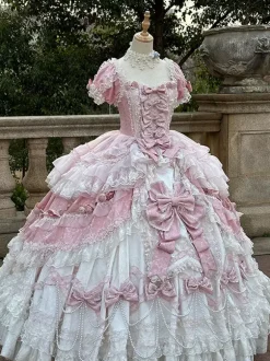 Robe Lolita rose féerique en dentelle n艙ud manches courtes longueur au sol