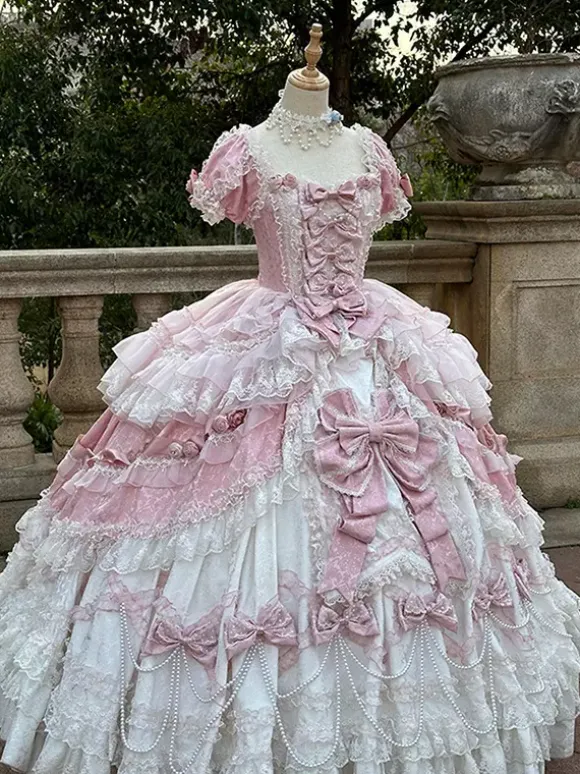 Robe Lolita rose féerique en dentelle n艙ud manches courtes longueur au sol