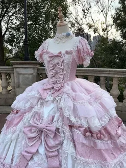 Robe Lolita rose féerique en dentelle n艙ud manches courtes longueur au sol