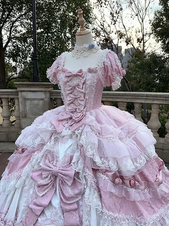 Robe Lolita rose féerique en dentelle n艙ud manches courtes longueur au sol