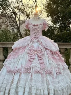 Robe Lolita rose féerique en dentelle n艙ud manches courtes longueur au sol