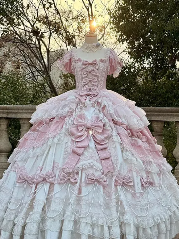 Robe Lolita rose féerique en dentelle n艙ud manches courtes longueur au sol