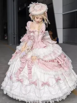 Robe Lolita rose féerique en dentelle n艙ud manches courtes longueur au sol