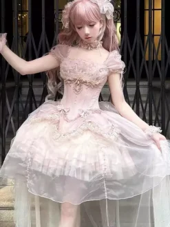 Robe Lolita Sweet Fairy rose à volants et épaules dénudées