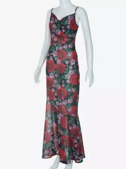 Robe longue à bretelles spaghetti imprimée de roses rouges pour femme style romantique