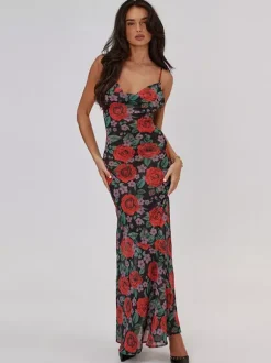 Robe longue à bretelles spaghetti imprimée de roses rouges pour femme style romantique