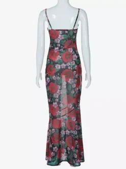 Robe longue à bretelles spaghetti imprimée de roses rouges pour femme style romantique