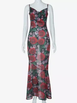 Robe longue à bretelles spaghetti imprimée de roses rouges pour femme style romantique