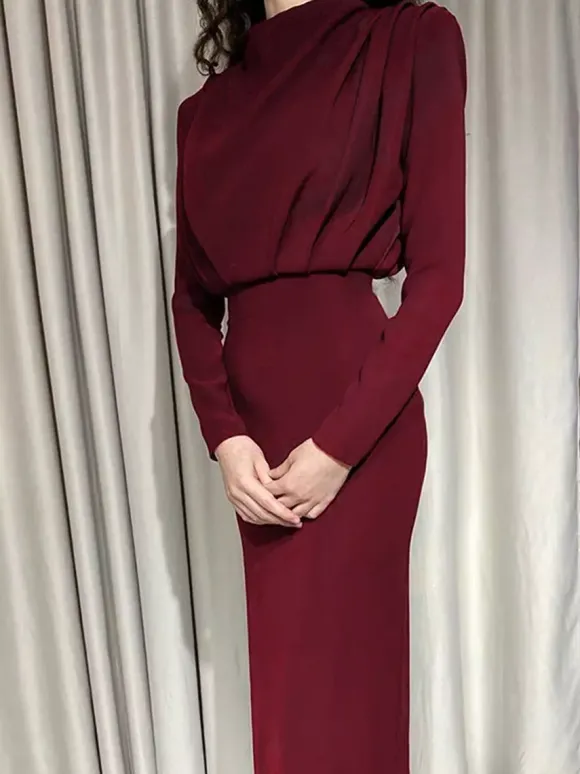 Robe longue à col montant pour femme - Robe fendue au dos et manches longues - Soirée de printemps 2026