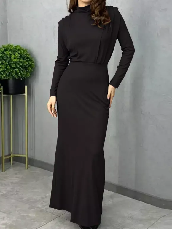 Robe longue à col montant pour femme - Robe fendue au dos et manches longues - Soirée de printemps 2026