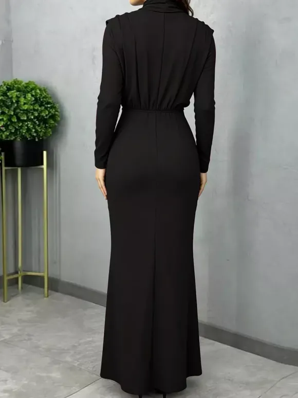 Robe longue à col montant pour femme - Robe fendue au dos et manches longues - Soirée de printemps 2026