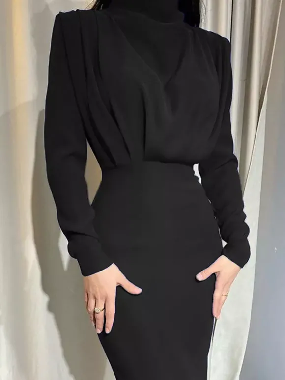Robe longue à col montant pour femme - Robe fendue au dos et manches longues - Soirée de printemps 2026
