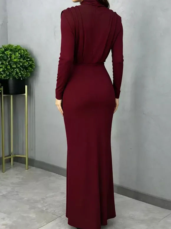 Robe longue à col montant pour femme - Robe fendue au dos et manches longues - Soirée de printemps 2026