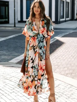 Robe longue à col V profond et imprimé floral tropical pour femme - Robe bohème fendue à imprimés multiples - Vacances d'été à la plage 2026