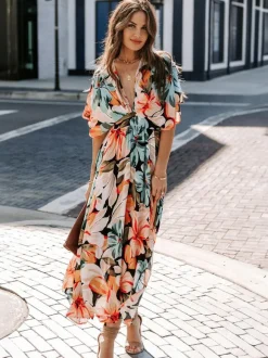 Robe longue à col V profond et imprimé floral tropical pour femme - Robe bohème fendue à imprimés multiples - Vacances d'été à la plage 2026