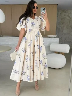 Robe longue à imprimé floral et manches bouffantes pour femme 2026
