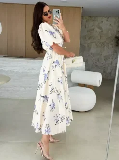 Robe longue à imprimé floral et manches bouffantes pour femme 2026
