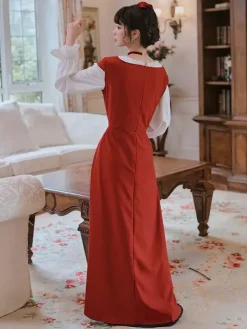 Robe longue à lacets avec ceinture et costume médiéval rétro pour femme Bourgogne