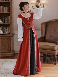 Robe longue à lacets avec ceinture et costume médiéval rétro pour femme Bourgogne