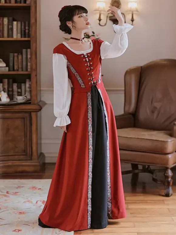Robe longue à lacets avec ceinture et costume médiéval rétro pour femme Bourgogne