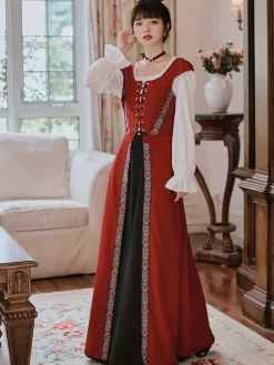Robe longue à lacets avec ceinture et costume médiéval rétro pour femme Bourgogne