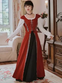 Robe longue à lacets avec ceinture et costume médiéval rétro pour femme Bourgogne