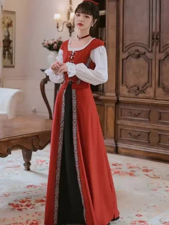 Robe longue à lacets avec ceinture et costume médiéval rétro pour femme Bourgogne