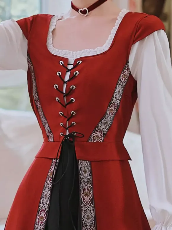 Robe longue à lacets avec ceinture et costume médiéval rétro pour femme Bourgogne