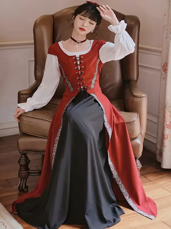 Robe longue à lacets avec ceinture et costume médiéval rétro pour femme Bourgogne