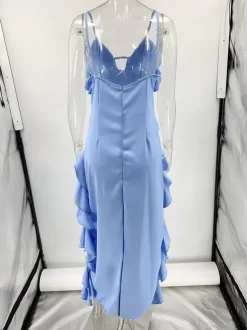 Robe longue à volants asymétrique pour invitée de mariage - Robe de cocktail sexy bleu ciel clair à col en V et superpositions - Été 2026