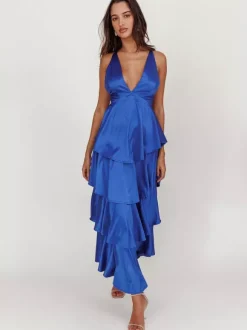 Robe longue à volants et décolleté plongeant pour femme - Robe en satin à dos croisé et volants superposés - Tenue de soirée d'été 2026