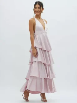 Robe longue à volants et décolleté plongeant pour femme - Robe en satin à dos croisé et volants superposés - Tenue de soirée d'été 2026