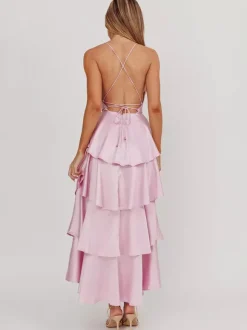 Robe longue à volants et décolleté plongeant pour femme - Robe en satin à dos croisé et volants superposés - Tenue de soirée d'été 2026