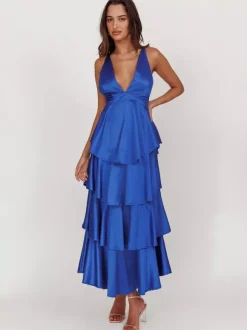 Robe longue à volants et décolleté plongeant pour femme - Robe en satin à dos croisé et volants superposés - Tenue de soirée d'été 2026
