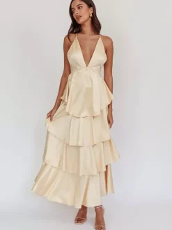 Robe longue à volants et décolleté plongeant pour femme - Robe en satin à dos croisé et volants superposés - Tenue de soirée d'été 2026