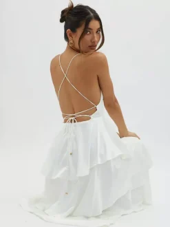 Robe longue à volants et décolleté plongeant pour femme - Robe en satin à dos croisé et volants superposés - Tenue de soirée d'été 2026