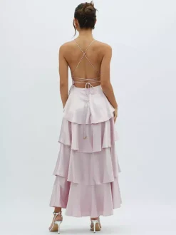 Robe longue à volants et décolleté plongeant pour femme - Robe en satin à dos croisé et volants superposés - Tenue de soirée d'été 2026