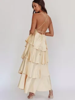 Robe longue à volants et décolleté plongeant pour femme - Robe en satin à dos croisé et volants superposés - Tenue de soirée d'été 2026