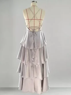 Robe longue à volants et décolleté plongeant pour femme - Robe en satin à dos croisé et volants superposés - Tenue de soirée d'été 2026